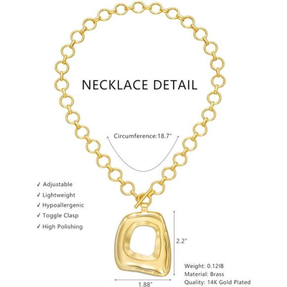 Chunky Gold Square Necklace for Women, 14K Gold Plated Vintage Boho Big Matte - Picture 6 of 11